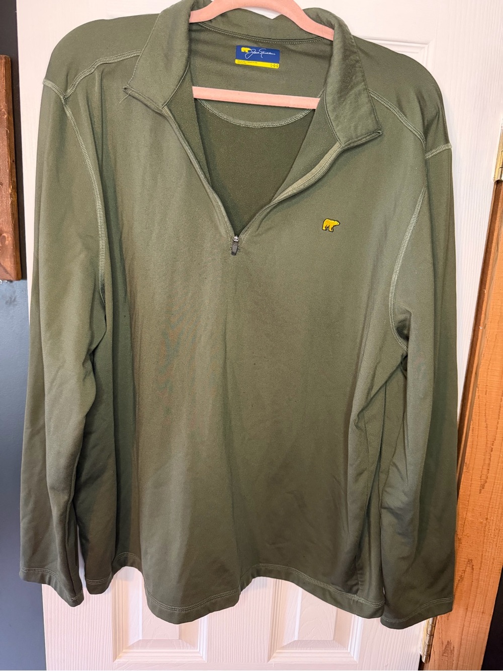 Olive Green Quarter-Zip Pullover with Yellow Bear Logo